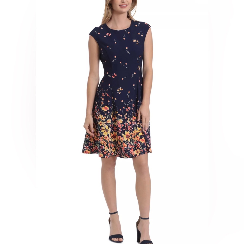 Navy and Floral Dress — By London Times, Size 10 - Picture 4 of 14